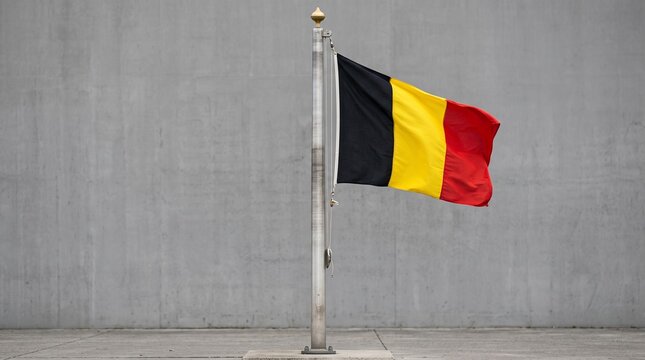 Belgian flag waves proudly, vertical black, yellow, and red stripes symbolize national identity, heritage, and unity against plain backdrop.