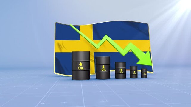 Sweden Oil Price Falling with Oil Barrels Downward Green Arrow and 3D Financial Data Visualization Graphs for Economy and Business Concept
