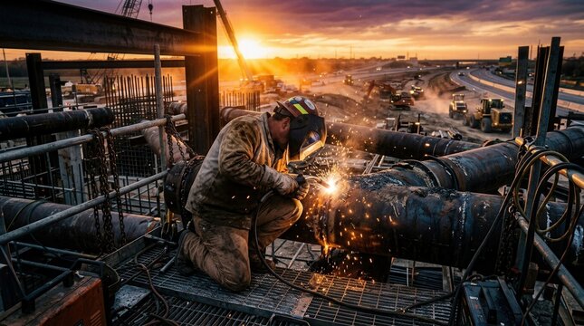 Industrial Welding Expert Working Near Highway At Sunset With Flashing Sparks