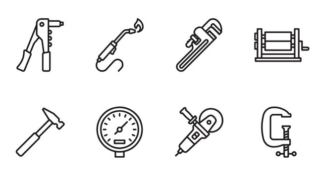 Boilermaker tools line icon set with welding torch