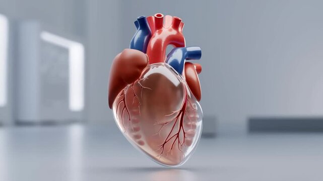 3D Render of Human Anatomical Heart with Glass Section Showing Arteries