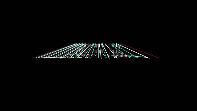 Glitchy digital lines form a geometric pyramid shape with vibrant cyan and red color displacement in this motion video animation