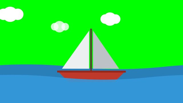 Minimalist 2D Cartoon Sailboat Illustration on Blue Waves with White Clouds and Green Screen Background for Animation and Video Compositing Purposes