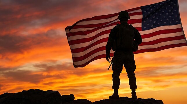 American soldier with flag at sunset patriotic symbolism and national pride