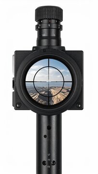 Precision optical device with crosshairs viewing a rugged canyon landscape