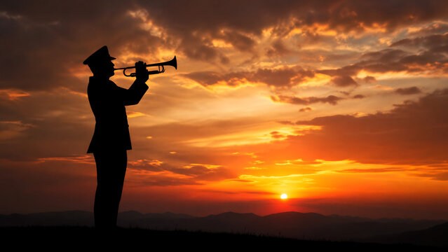 Silhouette of a bugler at sunset captures solemn honor and remembrance, making it a powerful image for Veterans Day ceremonies, military memorials, and patriotic tribute content.
