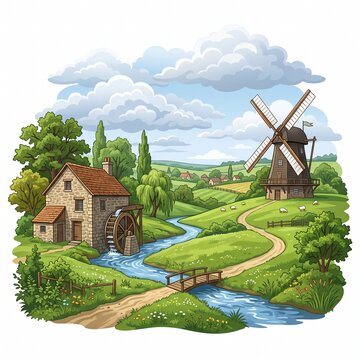 Peaceful countryside landscape featuring a stone watermill by a flowing stream and a traditional wooden windmill under a cloudy sky during the day, vector isolated on white