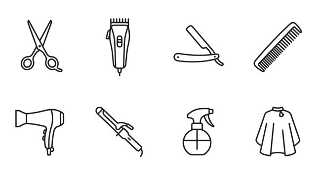 Barber tools line icon set with scissors and clippers