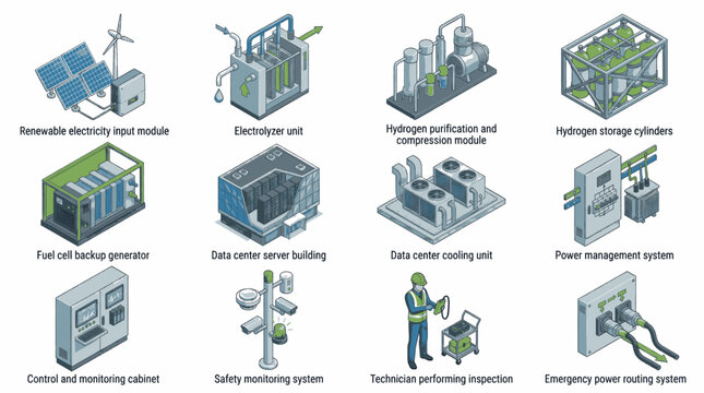 Isometric illustration of various green energy and technology modules for sustainable infrastructure development.