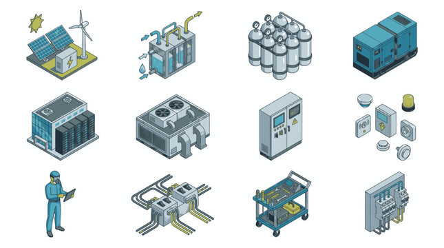Collection of isometric industrial equipment and machinery icons for engineering and technology concepts.