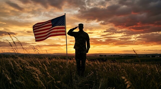 American soldier saluting the flag at sunset patriotic military scene