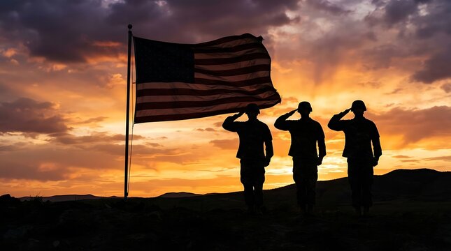 American soldiers saluting the flag at sunset patriotic military scene