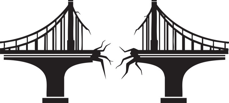 Black silhouette of a collapsed suspension bridge on white background