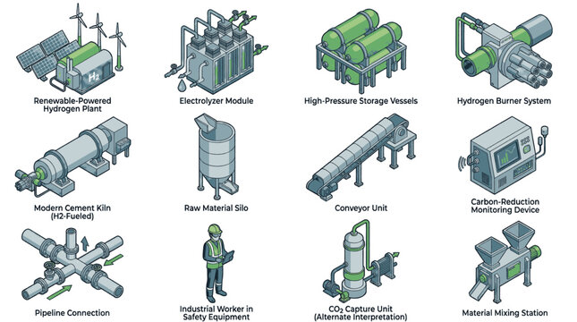 Collection of isometric illustrations depicting industrial equipment and processes related to hydrogen production and carbon capture technology.