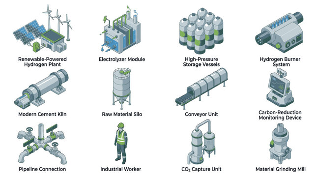 Set of industrial equipment and renewable energy sources for a sustainable future, including hydrogen production and carbon capture technologies.