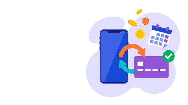 Illustration of mobile payment using card, calendar, and coins for scheduled billing.