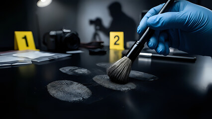 Csi crime scene investigator gathering fingerprint evidence with brush and powder fingerprint investigation evidence forensic