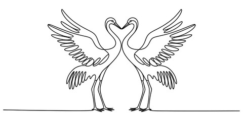 Obraz premium Continuous single line drawing of two elegant cranes in love forming a heart shape with their necks and wings spread out in a minimalist artistic style