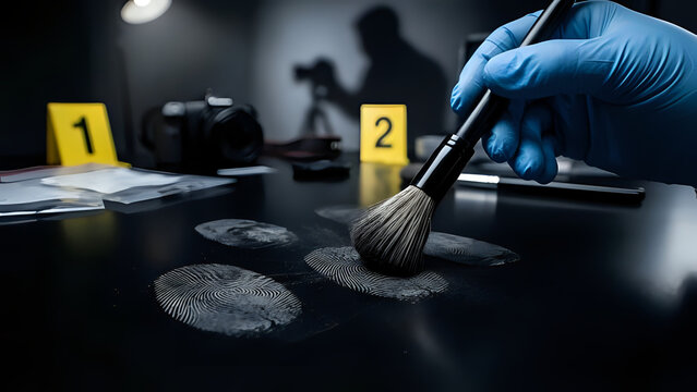 Csi crime scene investigator gathering fingerprint evidence with brush and powder fingerprint investigation evidence forensic