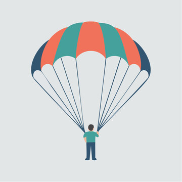 A minimalist vector illustration depicts a person standing under a colorful parachute.