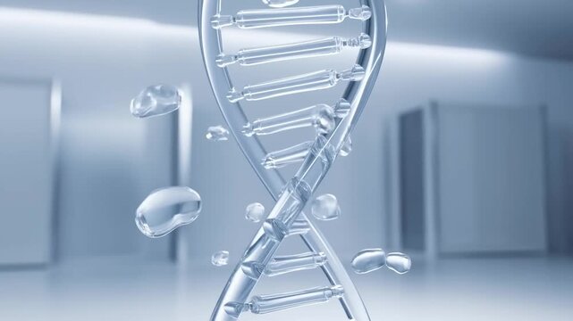 Transparent glass DNA double helix structure with floating liquid droplets in a clean futuristic laboratory environment 3D render