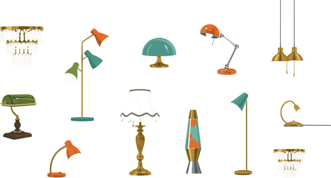 Vector set of vintage and modern lamps featuring desk light chandelier lava lamp pendant and floor lamp furniture decor symbols