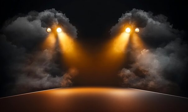 Powerful spotlights illuminating smoke and dramatic lighting on dark stage foreground.