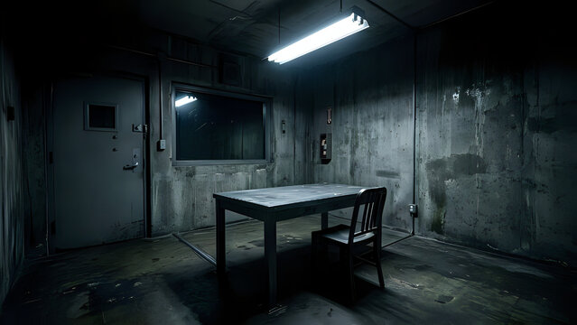 Dimly lit interrogation room with a simple wooden table and chair inside a gritty abandoned basement concrete setting, interrogation