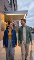 Obraz premium Generative AI, Couple walking and talking on city sidewalk in evening