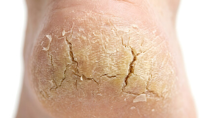 Fototapeta premium Closeup of a persons dry cracked heel showing severe skin dehydration and fissures.
