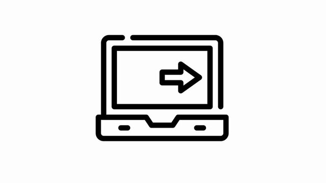 Minimalist laptop computer line icon with right arrow indicating navigation and digital data transfer