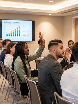 Generative AI, Diverse audience raising hand at business seminar presentation