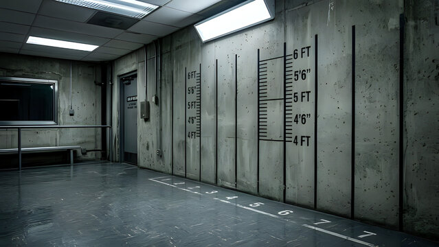 Police precinct room with a height measurement wall for suspect booking and mugshot identification precinct measurement identification