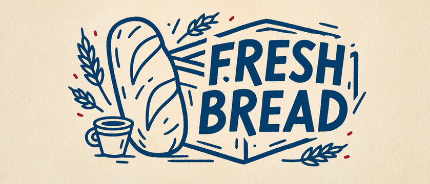 Fresh Bread Logo: A stylized illustration for a bakery featuring a loaf of bread, a cup of coffee, wheat stalks, and the text FRESH BREAD within a geometric design.