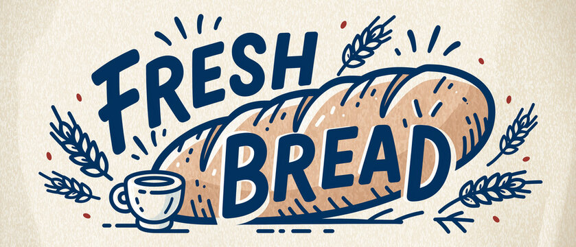 Delicious Fresh Bread Sign: A charming illustration advertises freshly baked bread, featuring a rustic loaf, a steaming cup, and wheat stalks, all in a warm, inviting color palette.