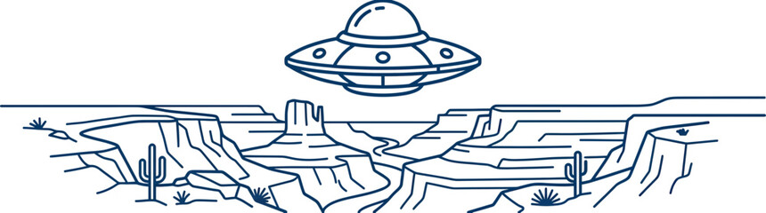 Flying Saucer Over Desert Canyon Landscape Line Art © wowok