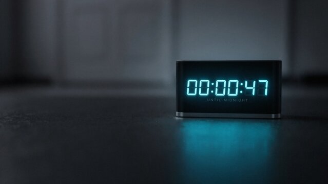 Digital countdown timer showing seconds remaining until midnight with glowing digital clock counting down midnight technology atmosphere nighttime
