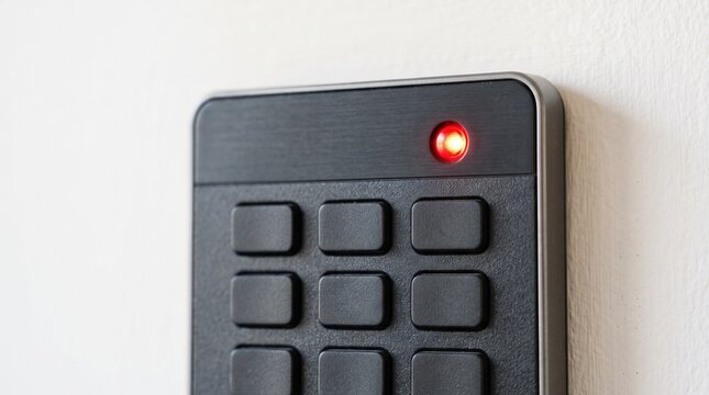 Electronic security keypad with red LED light on wall