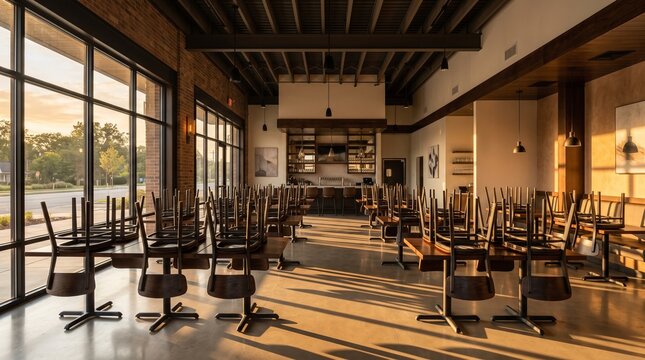 Empty modern restaurant interior with stacked chairs at sunset