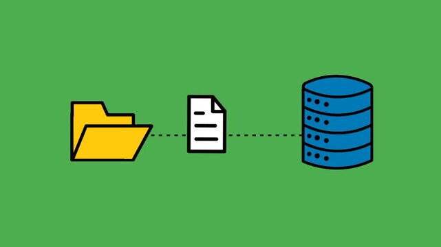 Backup data concept featuring file moving between folder and database icon. Visual representation of secure file transfer and storage management.