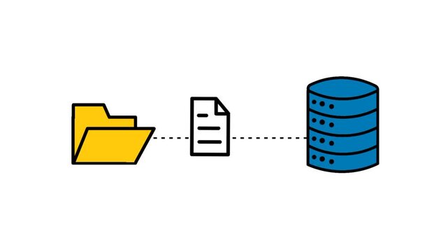 Backup data concept featuring file moving between folder and database icon. Visual representation of secure file transfer and storage management.