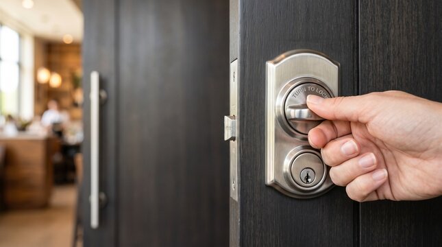 Hand turning deadbolt lock on wooden restaurant door