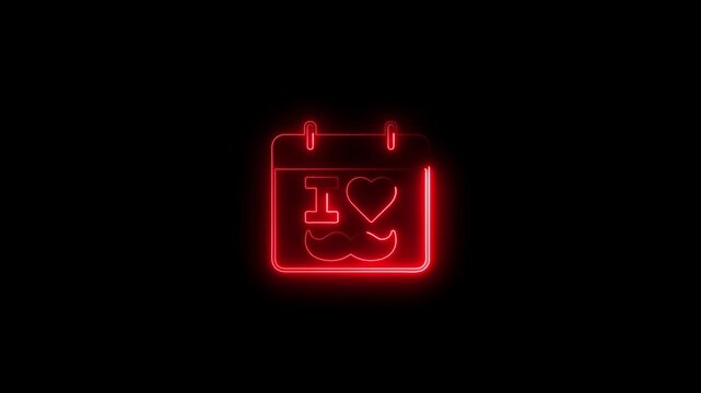 Red neon glowing calendar with I love mustache and heart symbol on black background representing Father's Day celebration event date reminder