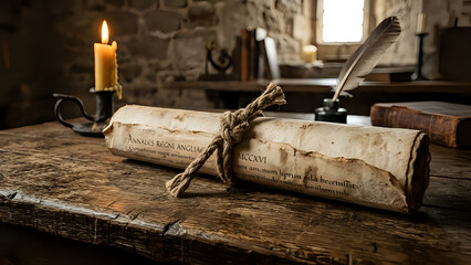 Ancient medieval scroll tied with rope on wooden table in stone room medieval parchment manuscript candlelight document mysterious © Hamza