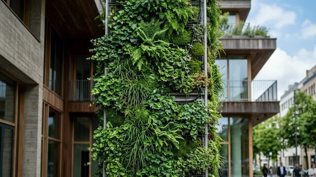 Medium shot highlighting a green wall on the exterior of the energyefficient pension fund headquarters with vibrant plants in clear focus and the surrounding architecture softly