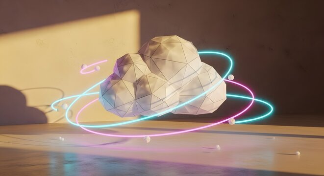 Geometric Cloud Sculpture Surrounded by Neon Rings in Studio