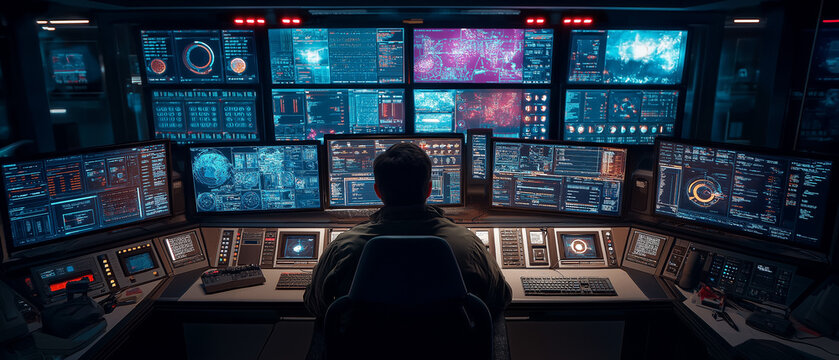 Operator monitors multiple screens in a futuristic control room, managing cybersecurity, data systems, surveillance, and mission operations.