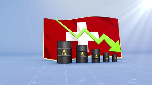 Switzerland Oil Price Falling with Oil Barrels Downward Green Arrow and 3D Financial Data Visualization Graphs for Economy and Business Concept