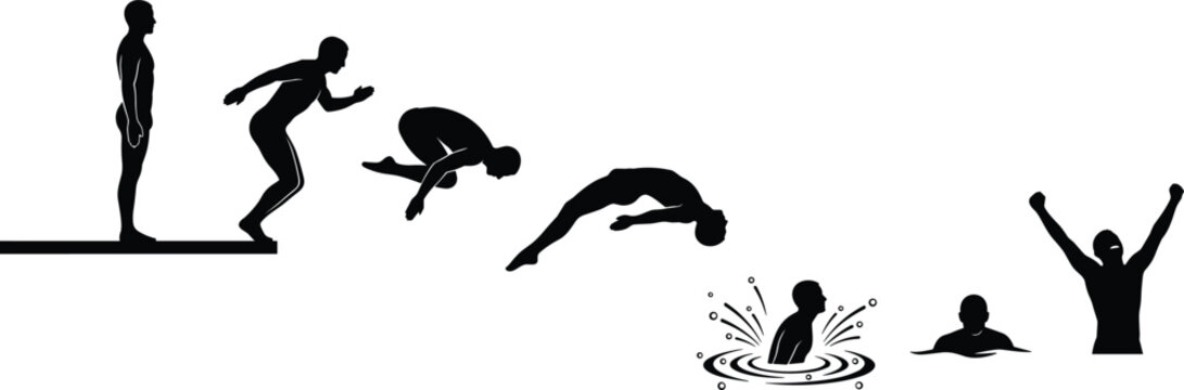 Swimming pool platform diving sequence showing athlete jumping flipping splashing and celebrating victory black silhouette vector