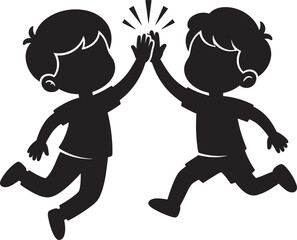 Two happy young boys jumping in midair giving a high five celebration gesture black silhouette vector illustration